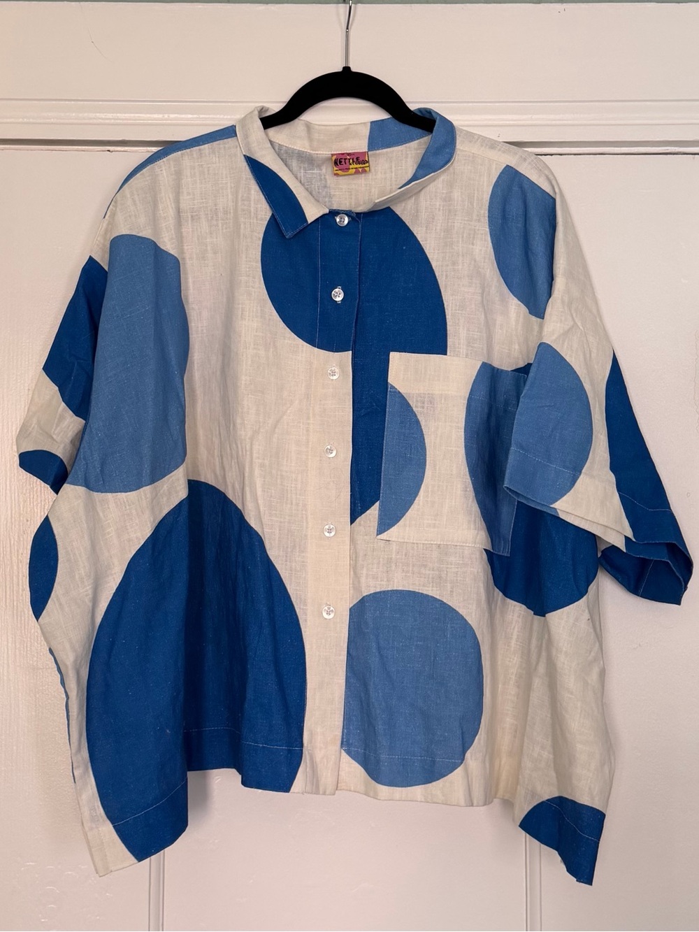 Oversized Button-Up Shirt with Blue Circle Print